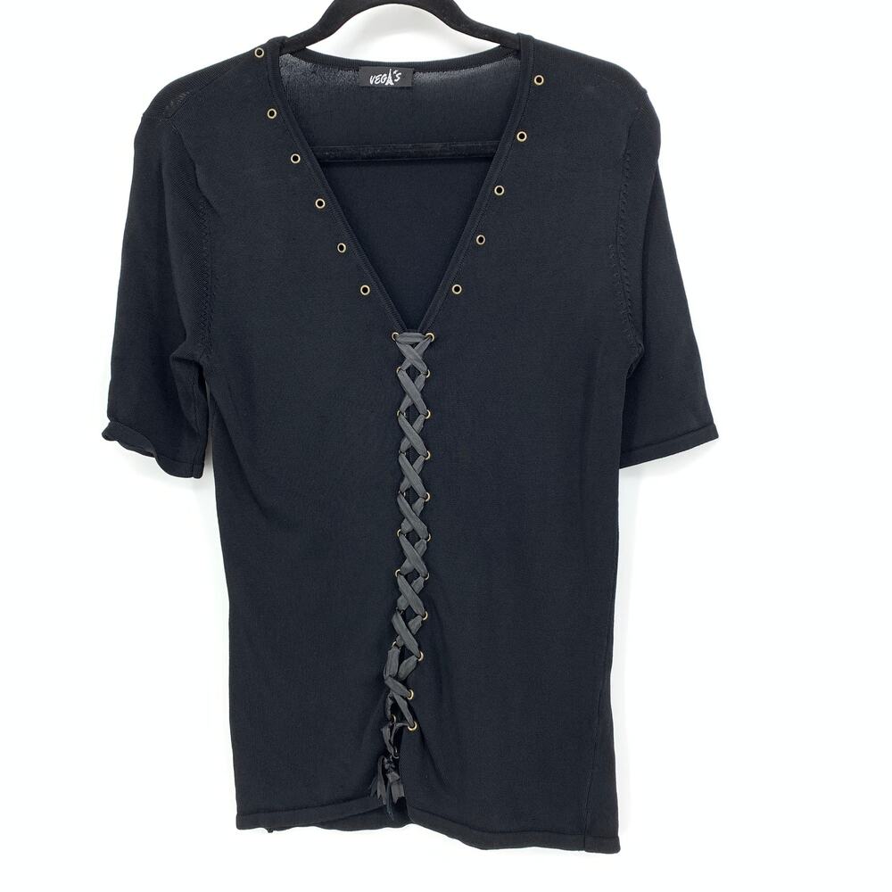 Vegas Lace Up Front Half Sleeve Top Womens One Size Black Plunge Neck